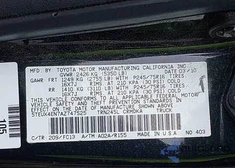 2010 Toyota Tacoma Access Cab z USA, uszkodzony, nr VIN 5TEUX4EN7AZ747525